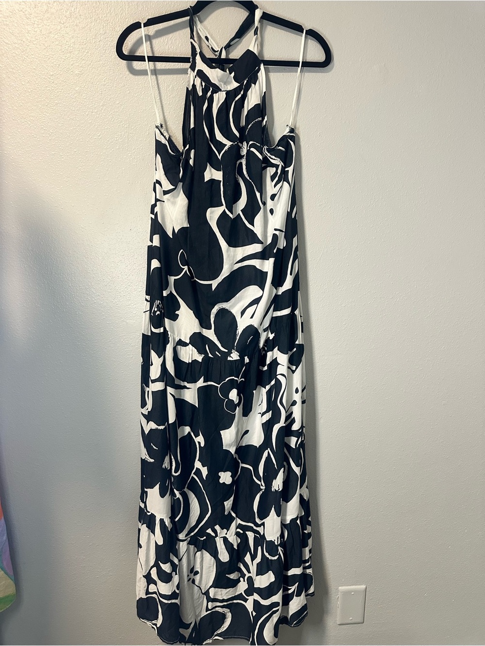 Elan Black White Floral Halter Maxi Dress NWT Tiered Sundress